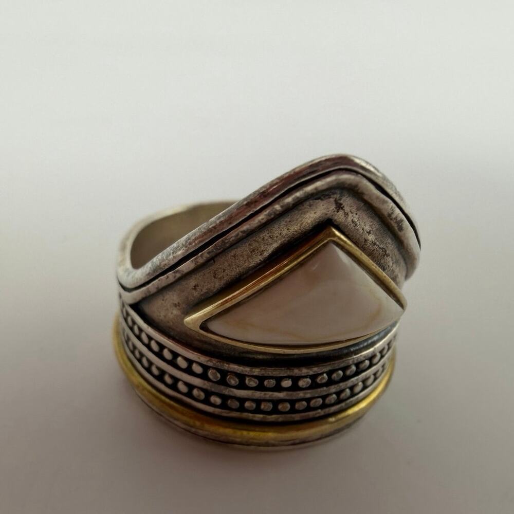 Triangular Cream Stone Two-Tone Stackable Statement Ring - Picture 3 of 8